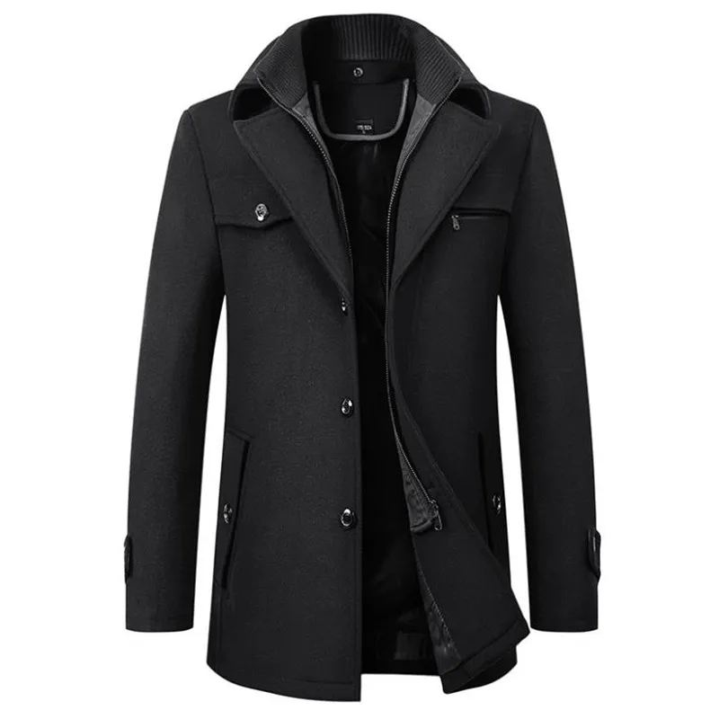 

Winter New Men Solid Wool Blend Coats Fashion Men Long Wool Coat Collar Thick Wool Overcoat Male