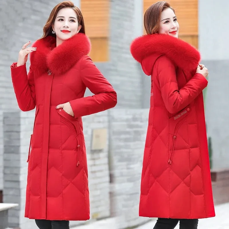 

2021 Winter New Down Cotton Coat Women Long Warm Cotton-Padded Parkas Coats Big Fur Collar Hooded Slim Overcoat Pocket Plus si