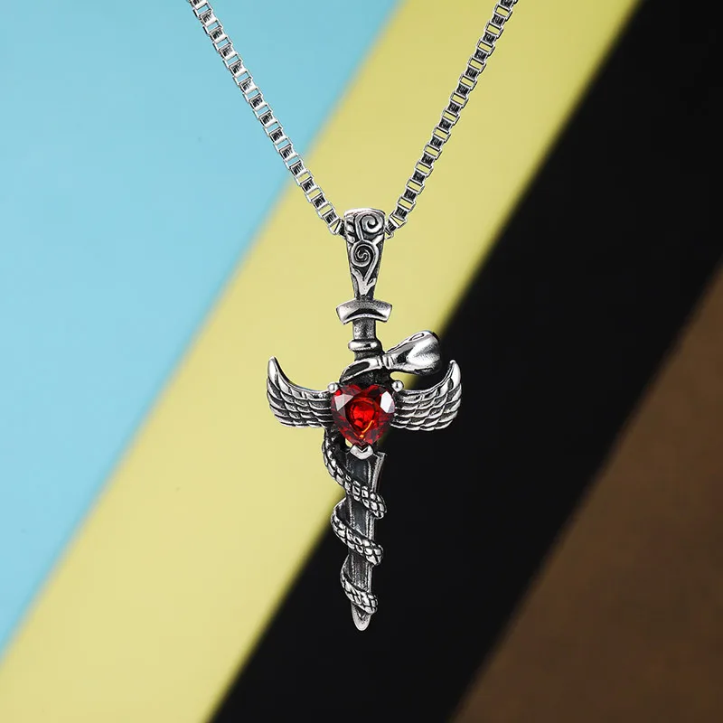 New domineering cross snake sword Men's pendant Hipster inlay red love crystal Wing titanium steel necklace birthday gifts | Украшения