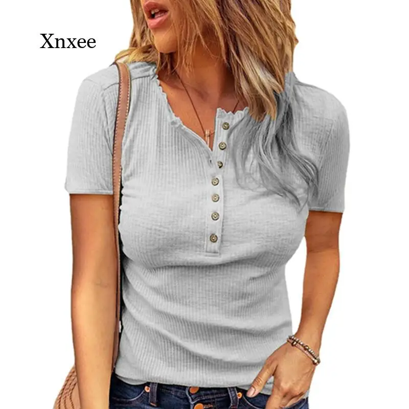 

Short Sleeve T Shirt Summer 2021 New Fashion Tops Casual Solid Women's Button O Neck Slim Was Thin Female T Shirt Basic Tee