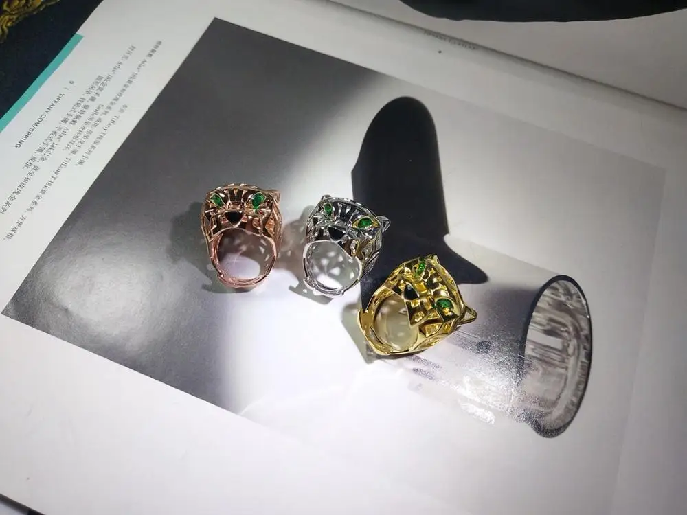 Модные 925 серебро гладкой кольцо с пантерой для мужчин и женщин зеленым глазом