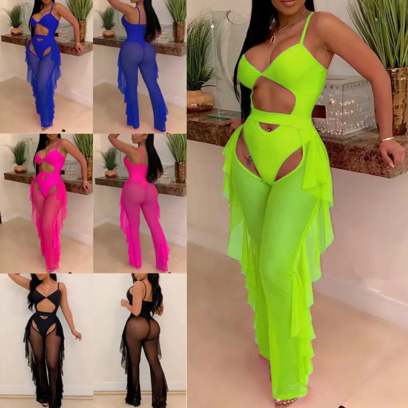 Сексуальные женские пляжные сетчатые прозрачные широкие брюки с оборками по