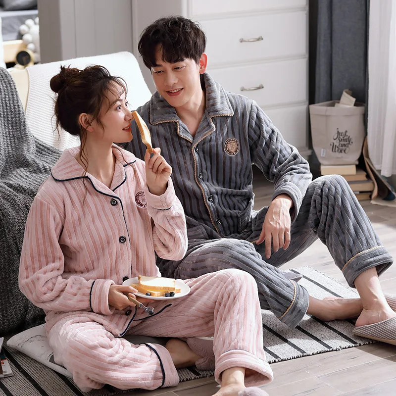 Couple Pajamas Autumn and Winter Female Coral Fleece Flannel Long-sleeved Men's Suit Thickened Warmth Plus Size Home Service New