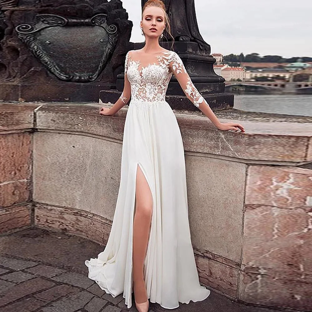 

Boho Lace Chiffon V-Neck Wedding Dresses Backless Beach Bride Dress 2021 Cap Sleeve Sweep Train Bohemian Robe de mariee A Line