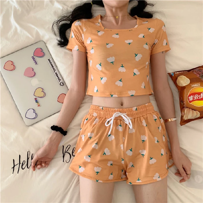 CAIYIER Women's Kawaii Sleepwear Suit Cute Sweet Print Sexy Super Short Leakage Umbilical Tops+Elastic Waist Short Pants Pajamas