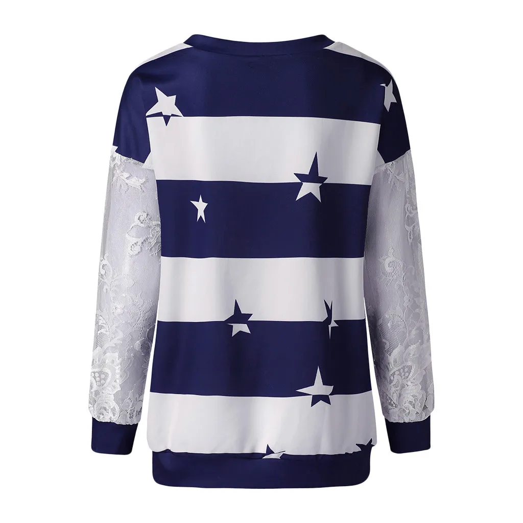 

Women's Fashion t shirt Lace Star Print woman tshirts Lace Sleeves Round Neck Stripe Autumn