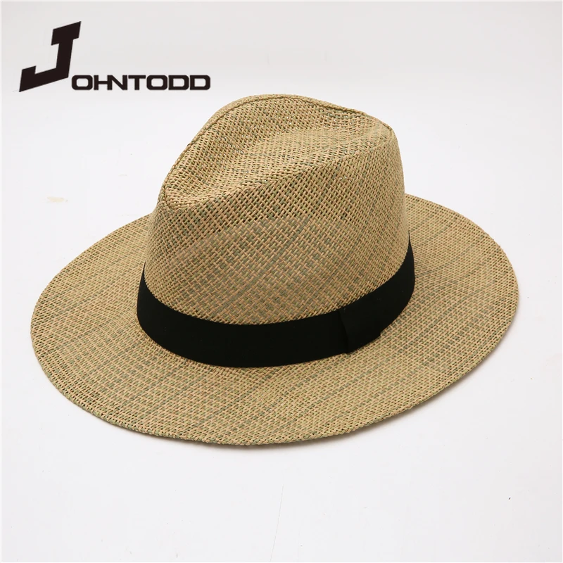 

2021 New Summer Women Black Band Wide Brim Straw Jazz Hat Male Female Panama Hat Beach Cap Unisex Flat Brim Travel Beach Fedoras