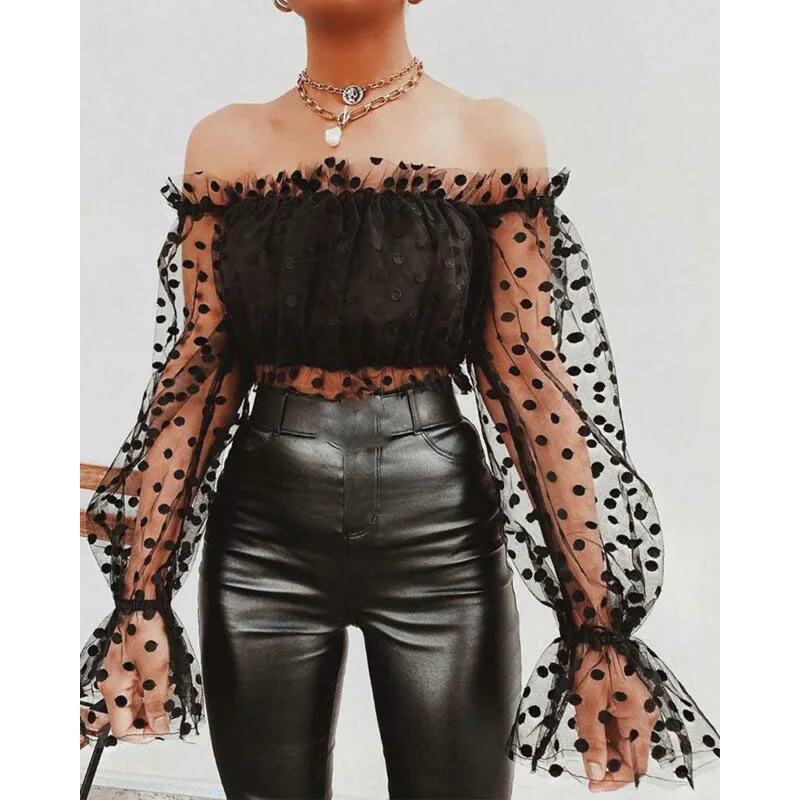 

2020 Fashion Women Long Sleeve Sheer Lace Off Shoulder Crop Tops Ladies Polka dots Slash Neck Blouse