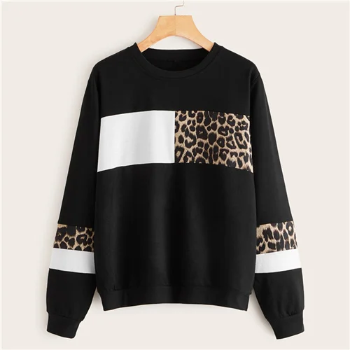 Dotfashion Black Casual Leopard Print Patchwork Sweatshirt Women Autumn Long Sleeve Sweatshirts Ladies Basic Sweatshirt - Цвет: Черный