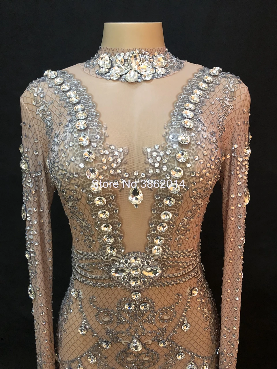 Sparkly Silver Crystals Mesh Dress Women Evening Birthday Prom Party Dresses Sexy Club Outfit Singer Stage Performance Costume |