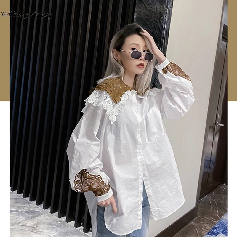 Женская блузка с кружевом и асимметричным воротником в стиле пэчворк | одежда