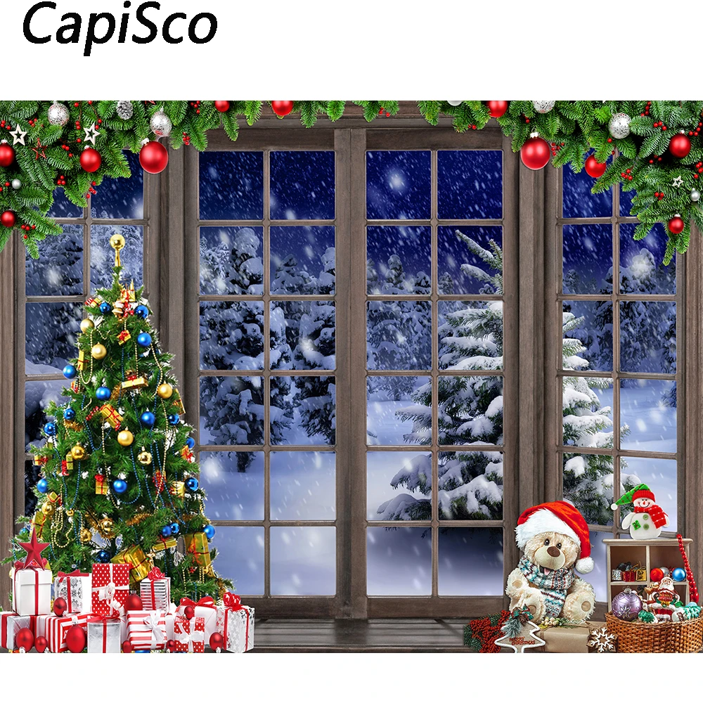 

Capisco Winter Christmas Photography Backdrop Wooden Window Pine Snow Night Background Baby Kids Party Decor Photo Studio Props