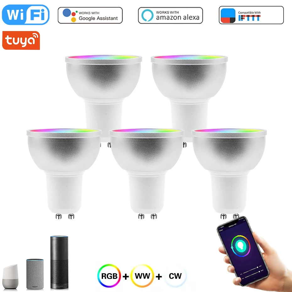 

Умсветильник Светодиодная лампа Tuya с Wi-Fi, 5 Вт, GU10, 220 В, RGB +, холодный белый + теплый белый свет, работает с Alexa Google Home, 1, 2, 4 шт.