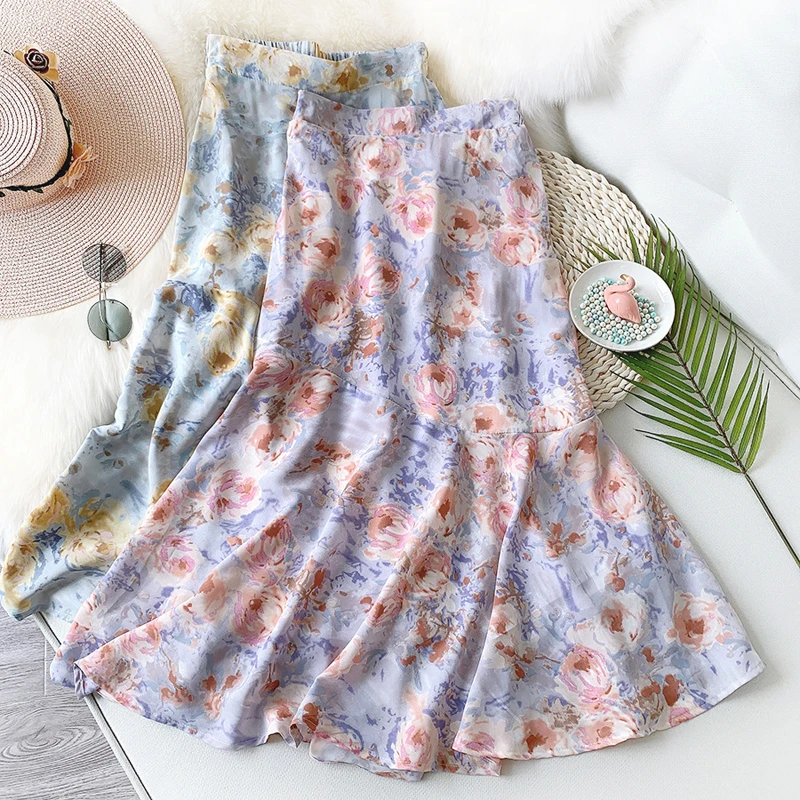 

Wasteheart Summer New Blue Pink Women Skirt High Waist A-Line Long Ankle Ruffles Sexy Casual Skirts Chiffion Trumpet Mermaid