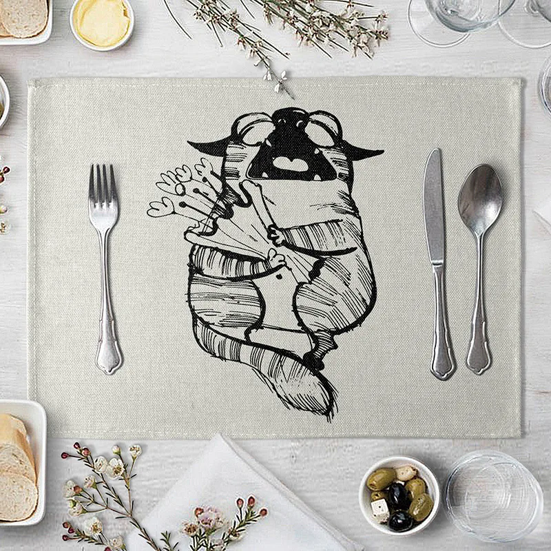 

Fashion Print Rectangle Cotton Linen Western Style Table Pad Cut Mats Placemat for Dinner Kitchen Table 40x30cm Vintage Cat