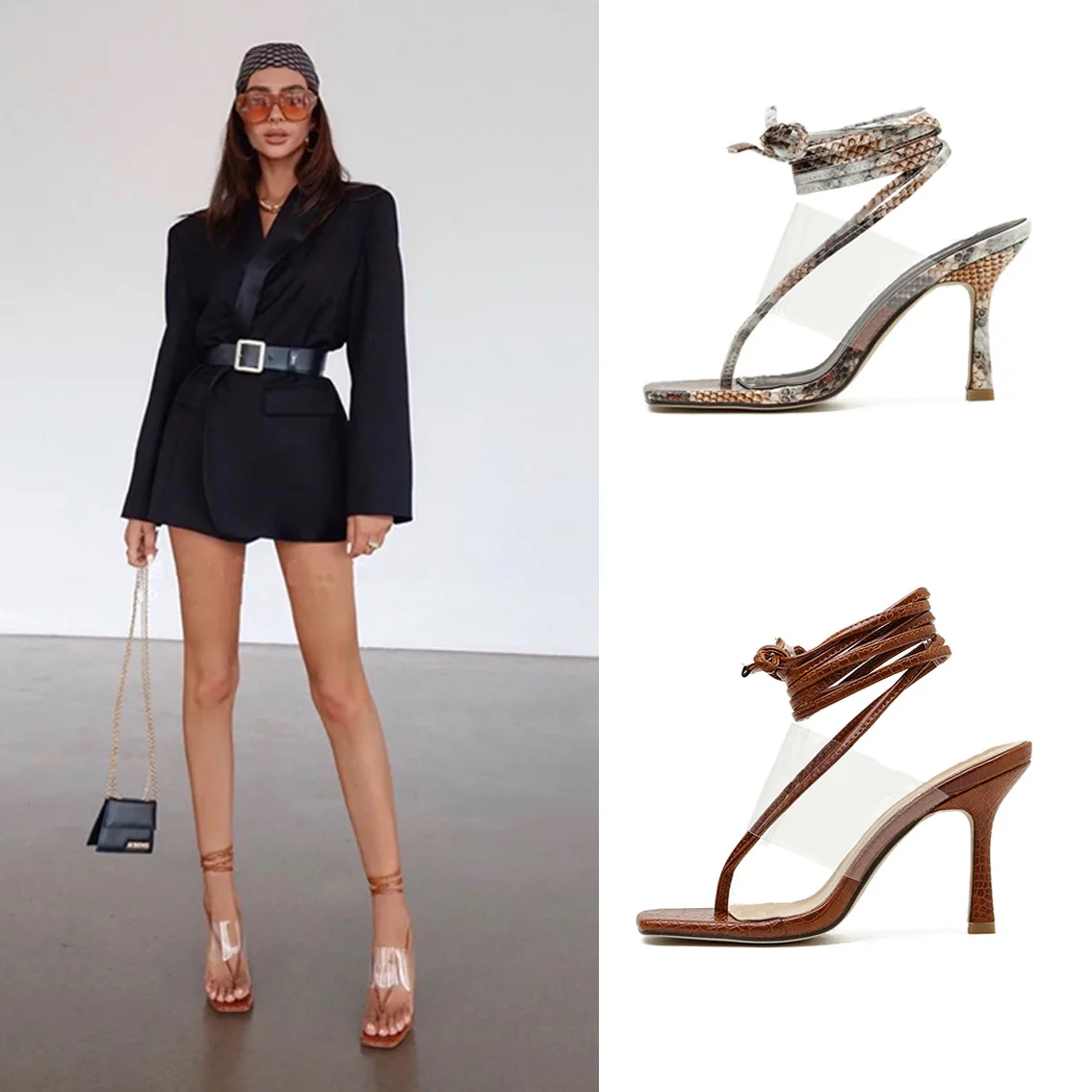 Женские босоножки со змеиным принтом однотонные сандалии из искусственной кожи