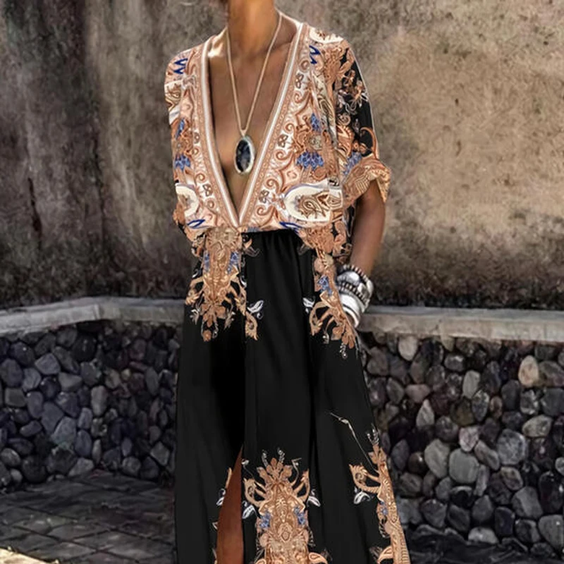 

2021 Women's Printed European And American Summer Deep V-Neck Retro Sexy Bohemian Ankle Split Dress Fashion Loose Dress Vfemage