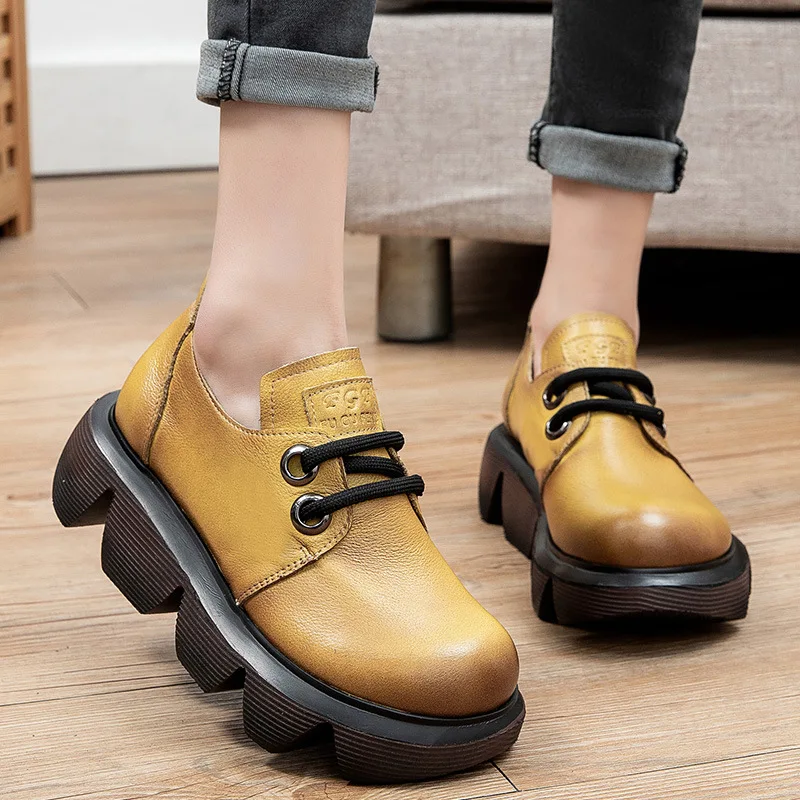 

Pumps Women Shoes Spring/Autumn Genuine Leather Footwear Lace-Up Retro Leisure Round Toe Handmade Platform Heels Ladies Shoes