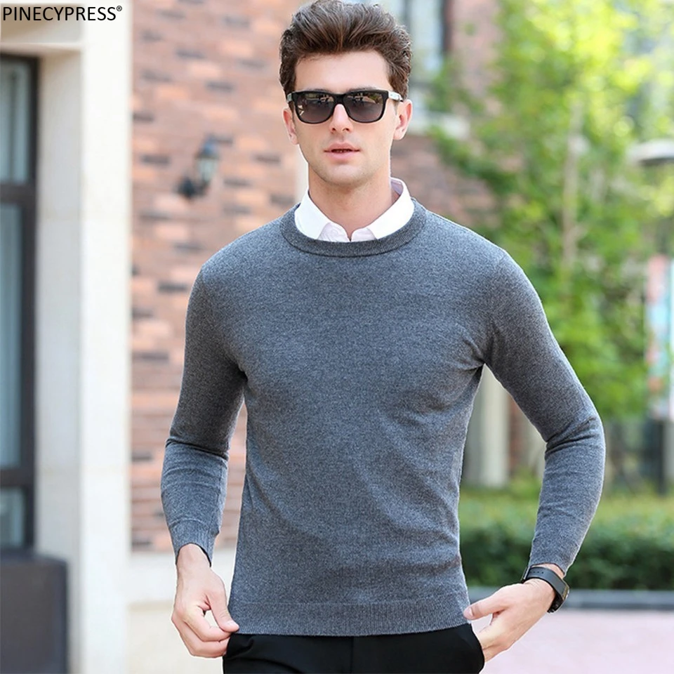 Мужской свитер из 100% чистой шерсти Зимний вязаный серый простой Женский пуловер