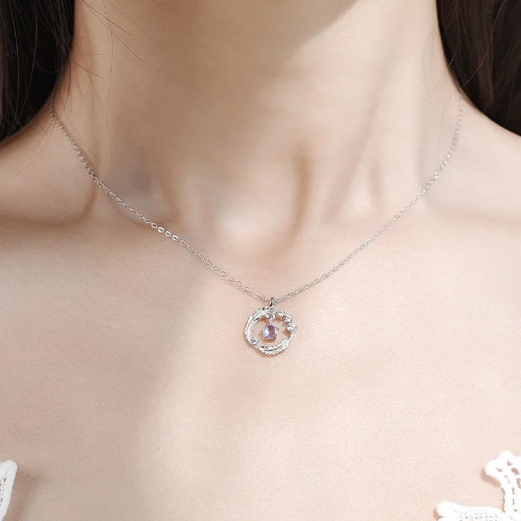 

VOQ 925 Sterling Silver Round Colored Moonstone Feather Necklace for Women Trendy Clavicle Chain Party Jewelry