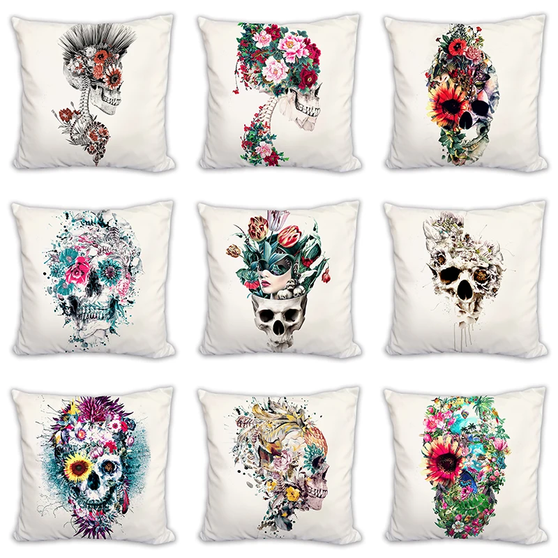 Наволочка квадратная цветная Мексиканская с узором сахарные черепа и цветы на