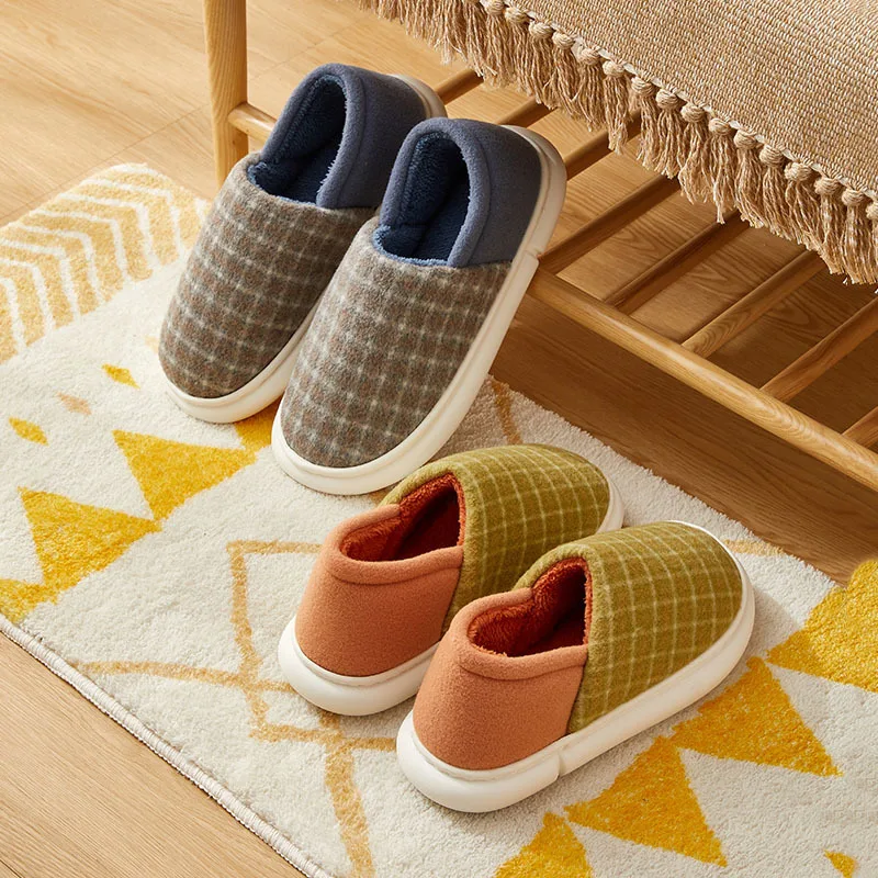 Home Slippers For Women Winter Striped Plaid Couple Cotton Shoes Ladies Casual Plush Slippers Anti-slip Thick Sole Platform Shoe