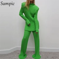sampic casual women knitted pullover 2021 winter green long skinny sweater tops striped long sleeve jumper shoulder pads sweater