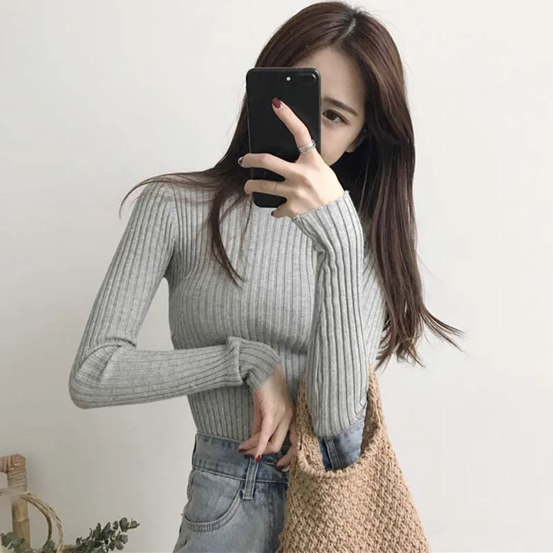 Женский свитер вязаный корейский пуловер с круглым вырезом Осенний базовый