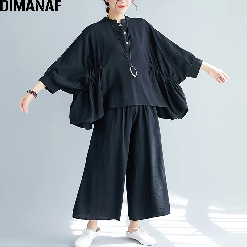 

Женский костюм с длинным рукавом DIMANAF, винтажный топ свободного покроя с длинными штанами, однотонный черный костюм на осень