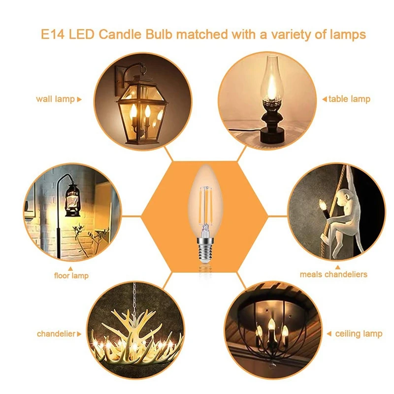 

E14 LED Candle Filament, 4W LED Bulb Vintage Base Bulbs Warm White 2700K 380LM, 360 Degrees Angle