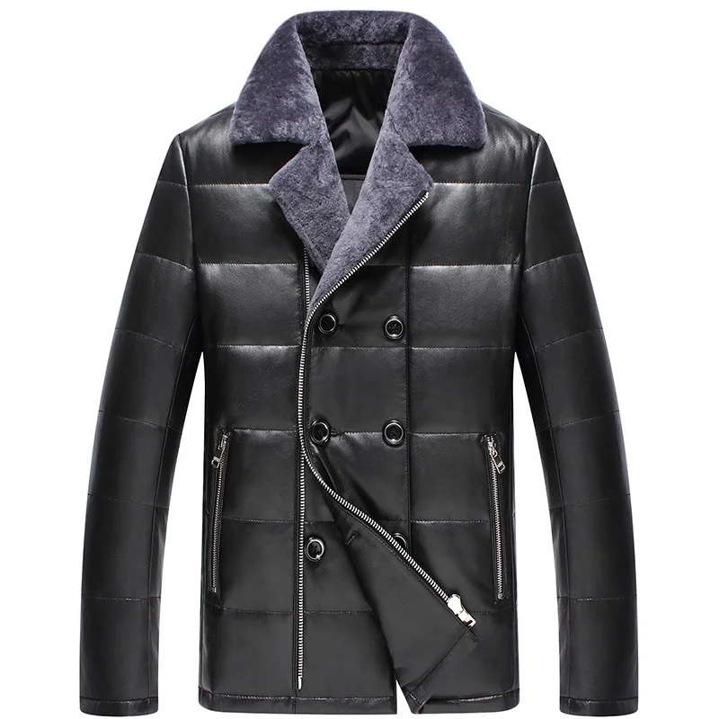 Мужской пуховик из натуральной овечьей кожи с воротником натурального меха