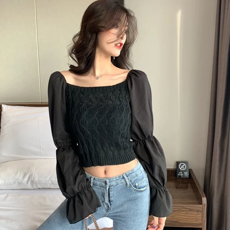 

Women Blouse Sweet Slash Neck Knitted Stitching Flared Sleeve Short Top Autumn Knitted Top #H