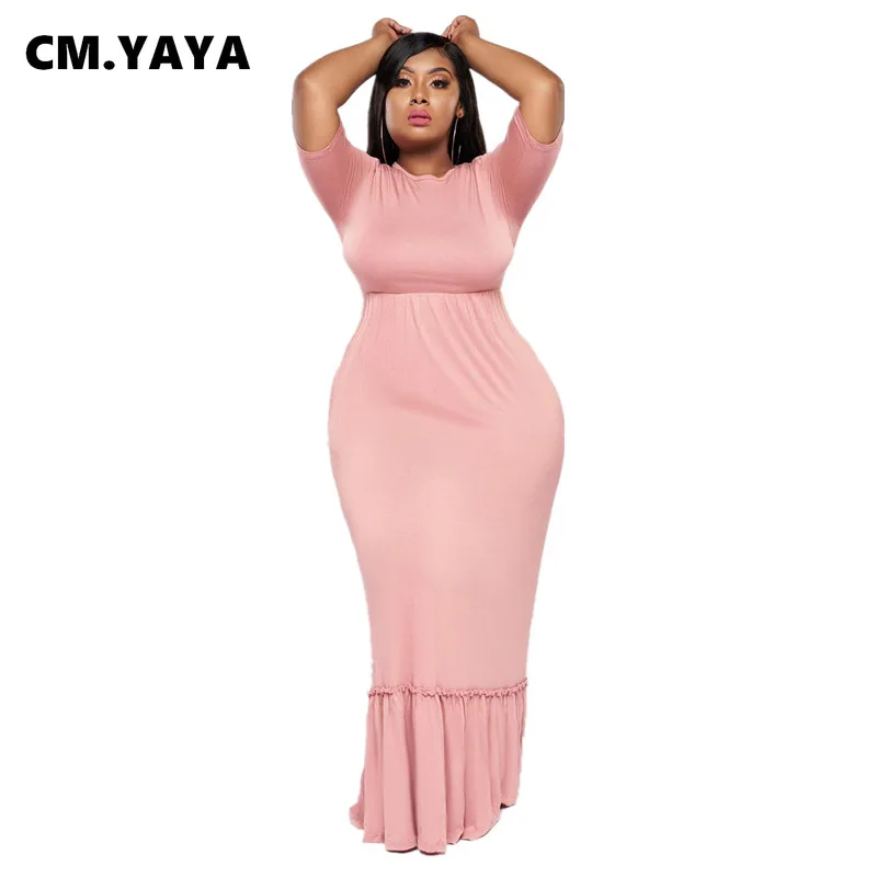 

Женское платье с коротким рукавом CM.YAYA, однотонное длинное стрейчевое платье с круглым вырезом, винтажное платье большого размера, летняя о...