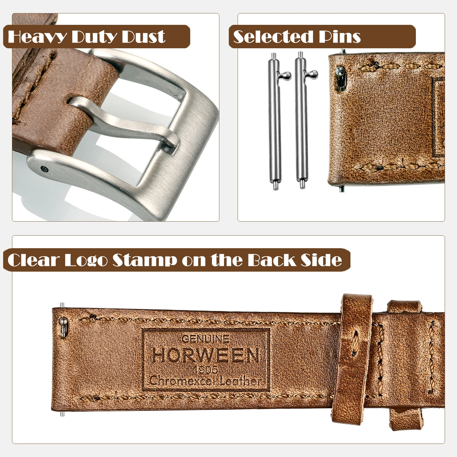 High Quality Horween  Genuine Leather Straps Brown Soft Wrap Handmade Horse Leather Watch Bands 18mm 20mm 22mm