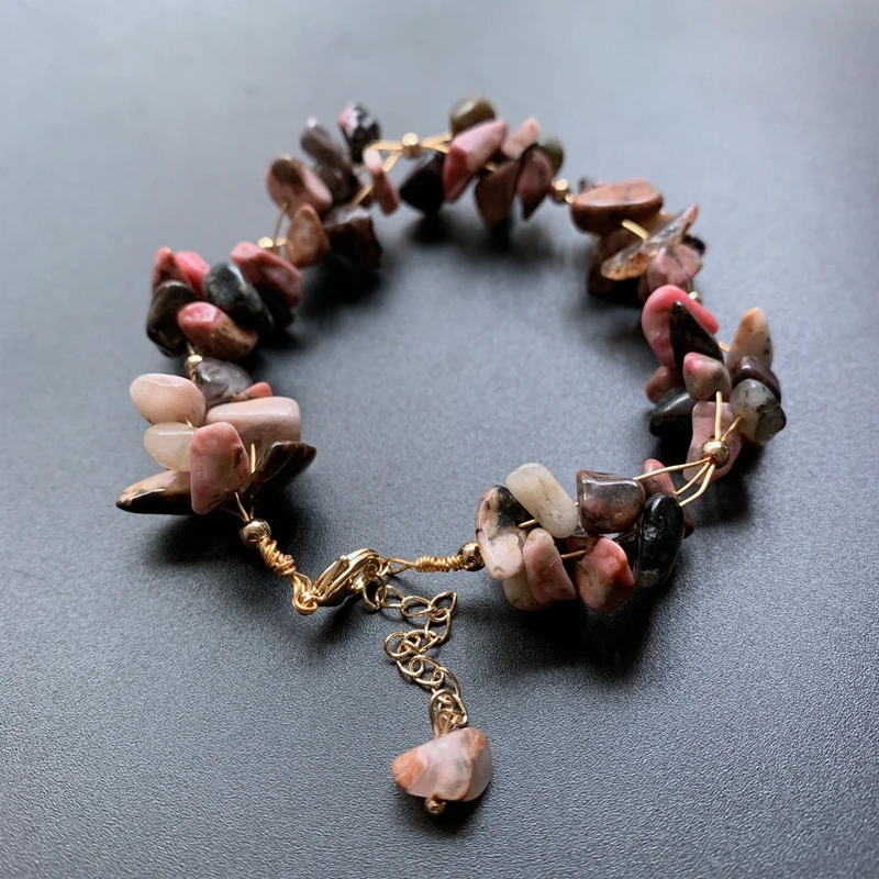 Rhodonite Stone Bracelet Chips Beads Bracelets 14 k Wire Wrapped Crystal Tumbled Stones Jewelry Wrist Decor 1pc