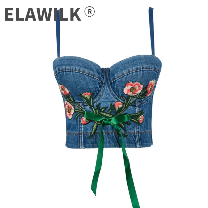 

Women's Sexy&Club Tank Tops High quality floral embroidery Denim corselets B890