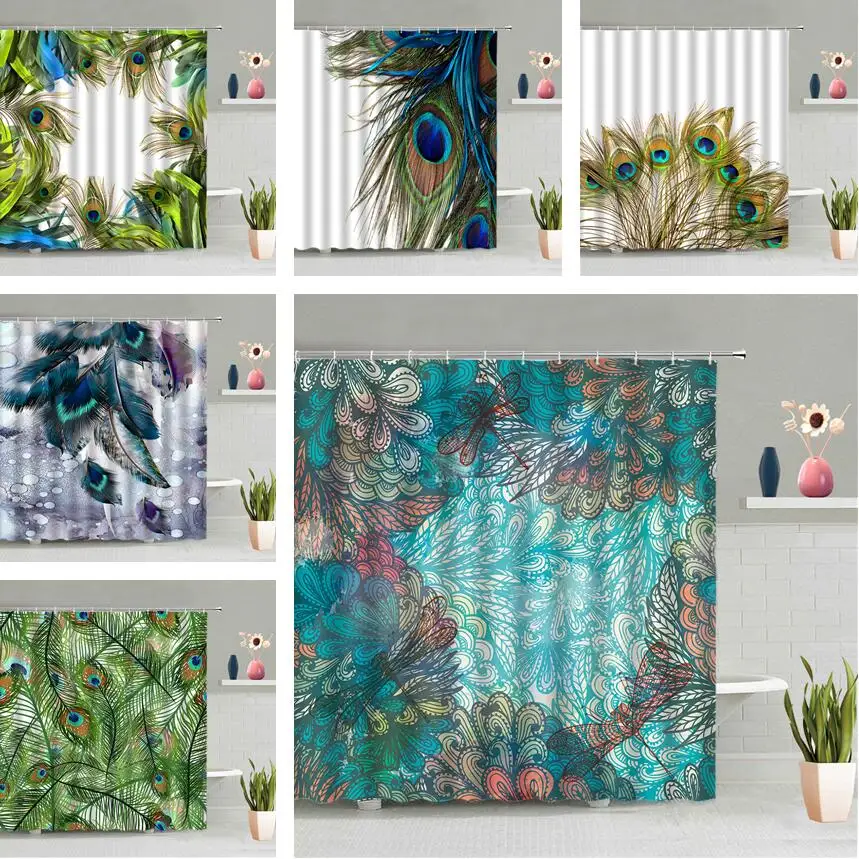 

Занавеска для душа с павлинами, перьями, цветными птицами, животными, шлейфом в богемном стиле, подвесная занавеска для ванной, набор водоне...