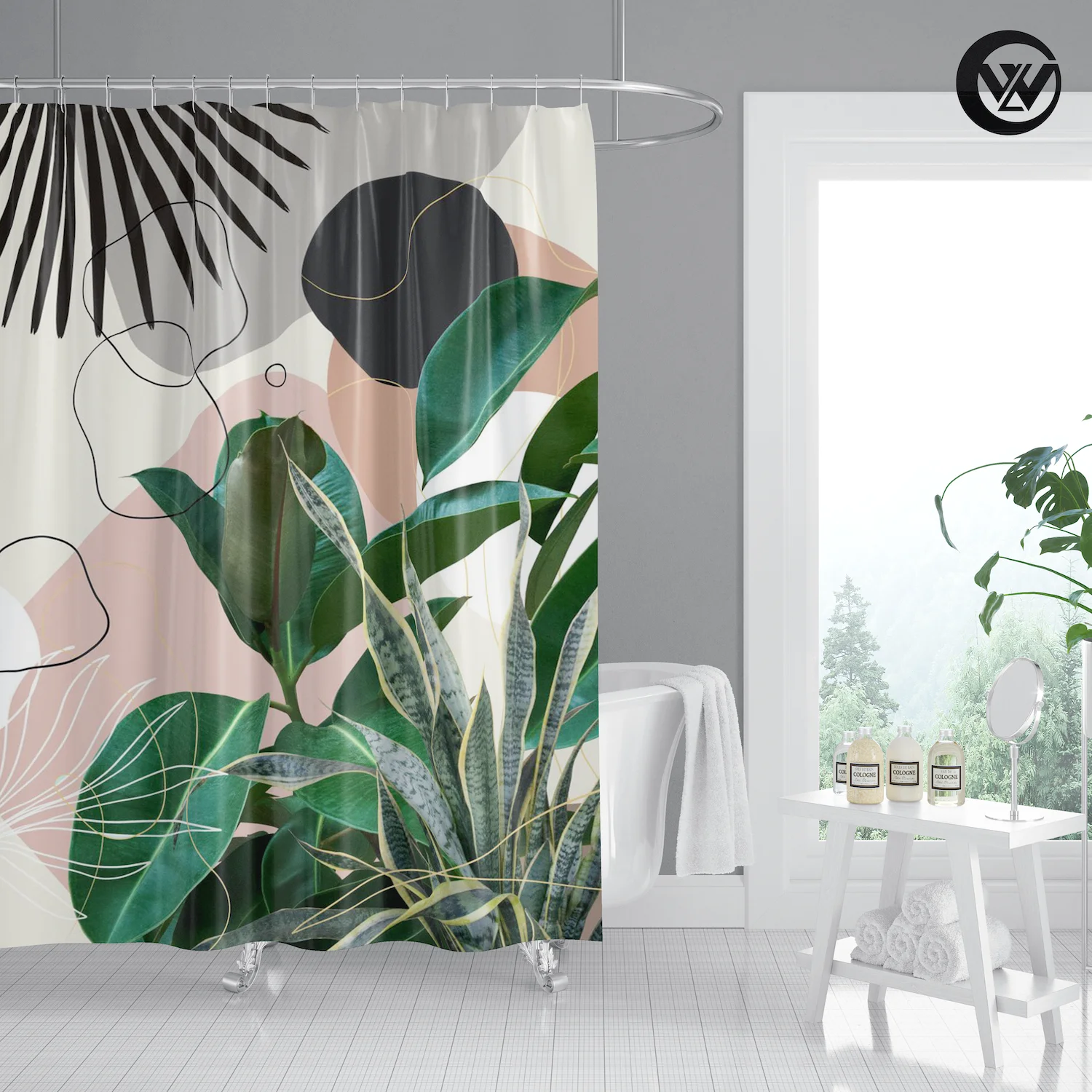 2022 Print Abstract Geometric Green Leaves Waterproof Shower Curtain Mildew Resistant Bath Decor Polyester Bathroom Curtain 3D