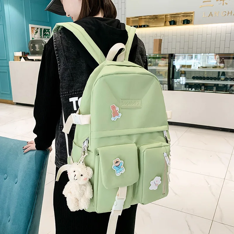 

4 Piece Set Harajuku Women Laptop Backpack Canvas School Bags For Teenage Girls Kawaii College Student Kids Book Bag Rucksack