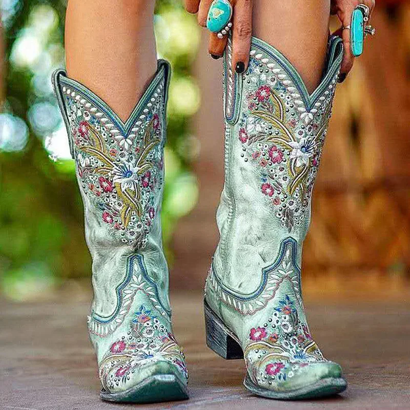

Fashion Women Boots Autumn Winter Round Toe High Heels 2021 New Fashion National Style Embroidered Medium Tube Bottine Femme