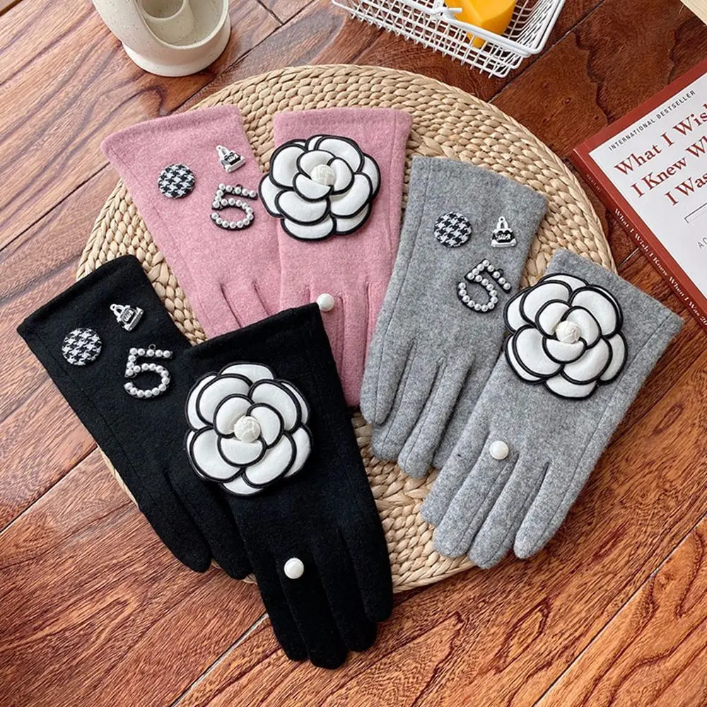 

Winter Camellia Gloves Cashmere Touch Screen Classic Little Fragrant Wind Gloves Thick Mittens Drving Cycling Warm Gloves