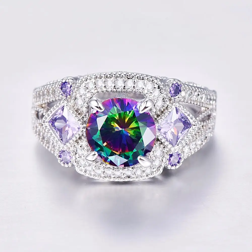 J.C Round Cut Mystic Rainbow &amp White Topaz Amethyst 925 Sterling Silver Ring Size 6 7 8 9 Women Fine Dazzling Jewelry Gift | Украшения и