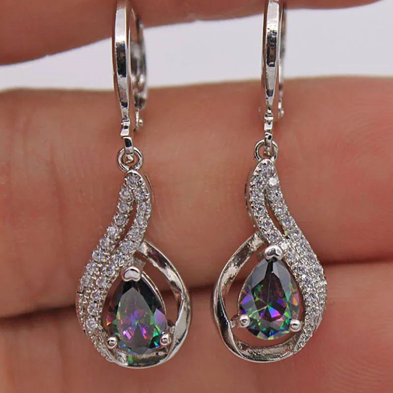Многоцветный Bague Ringen модные серебряные 925 ювелирные изделия Радуга топа камень серьги для женщин капли воды форма Висячие серьги высокое качество - Цвет камня: Многоцветный