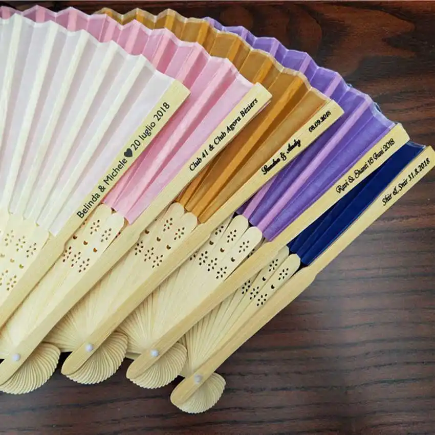 50pcs/lot Personalized Bride& Groom's Name& Date Silk Wedding Folding Hand Fan with Organza Gift Bags / Box Customized Print
