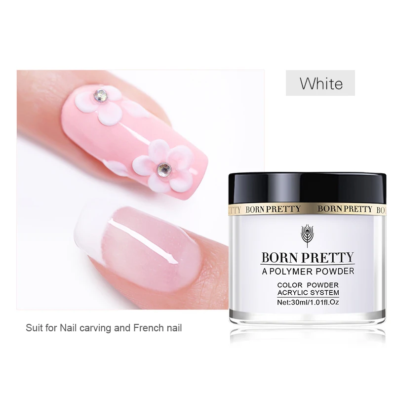 30ml White BORN PRETTY 30 мл акриловый порошок Резьба ногтей полимерный наконечник расширение французский розовый, белый, прозрачный самоклеющиеся стразы порошок для ногтей - Цвет: 30ml White