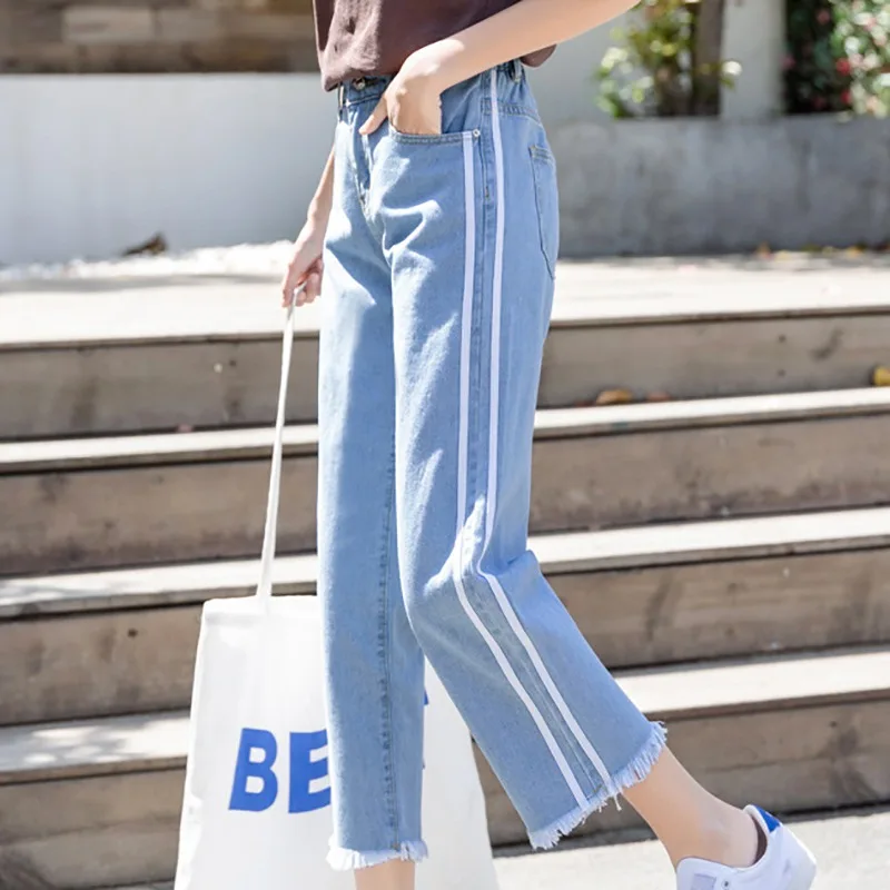 Женские прямые джинсы с широкими штанинами темно-синего цвета высокой талией