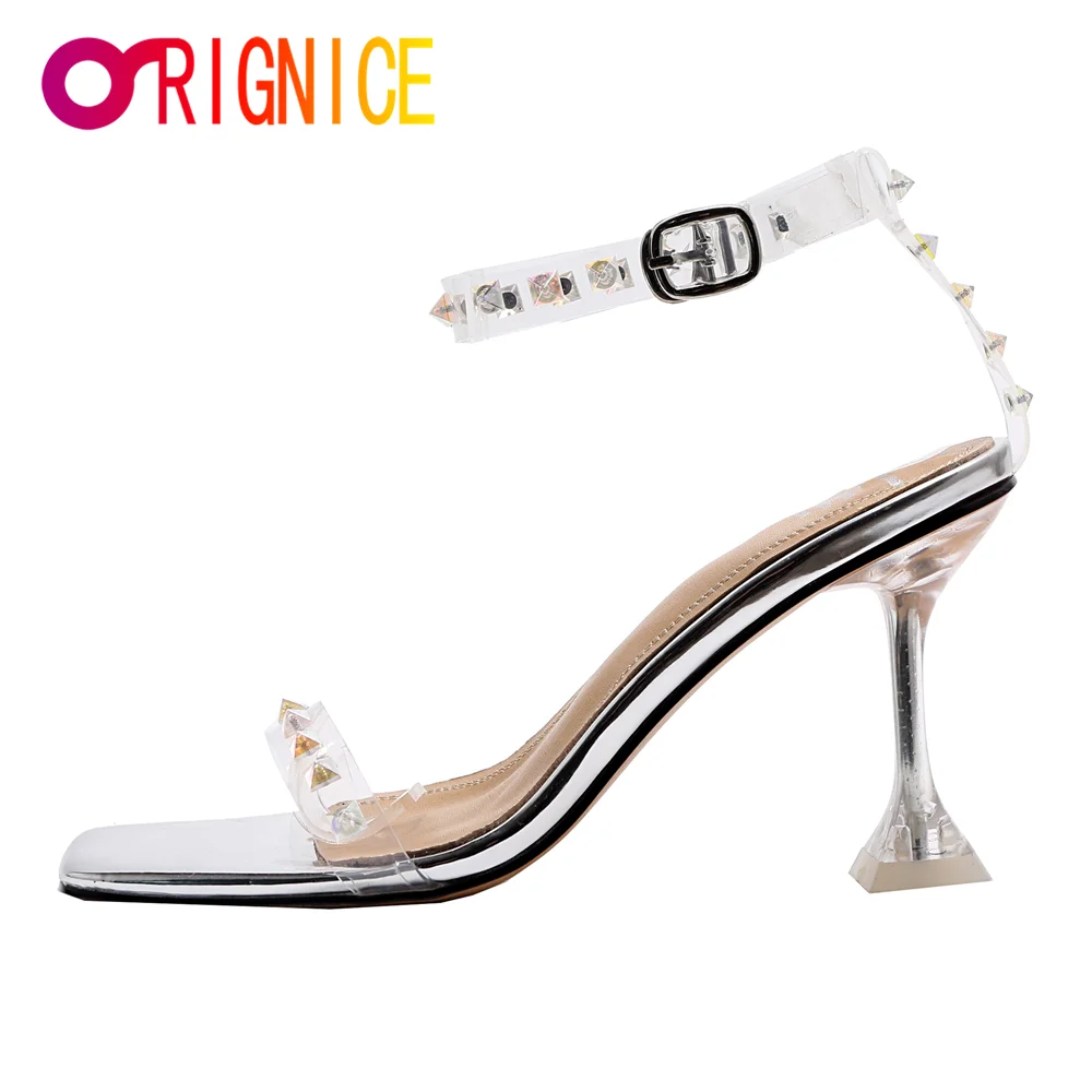 

Orignice Hot Sale 2021 Women Sandals Celebrity Wearing Simple PVC Clear Strappy Rivet Transparent High Heels Square Toe Shoes