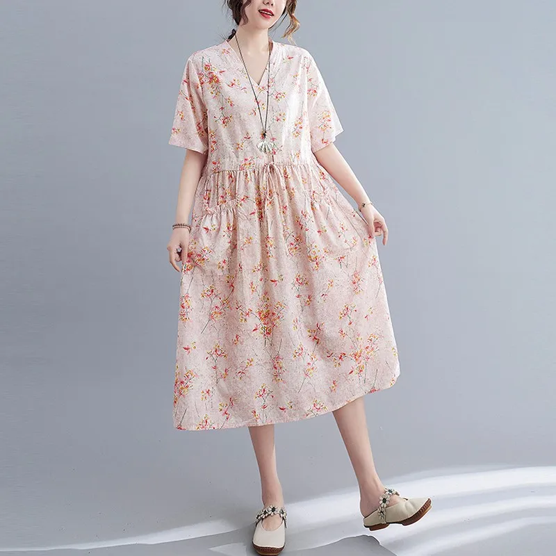 

Women Cotton Linen Casual Dress New 2021 Summer Vintage Style V-neck Floral Print Ladies A-line Long Dresses B154
