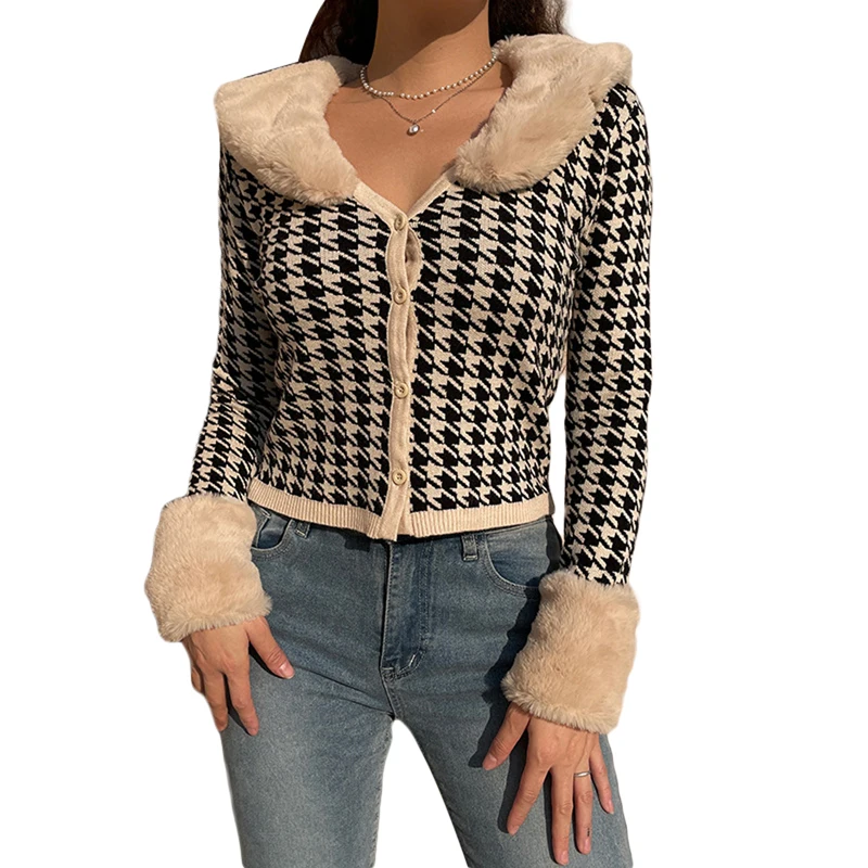 

Female Short Coat, Adults Houndstooth Print Fur Collar Long Sleeve Jacket for Autumn Winter, S/M/L