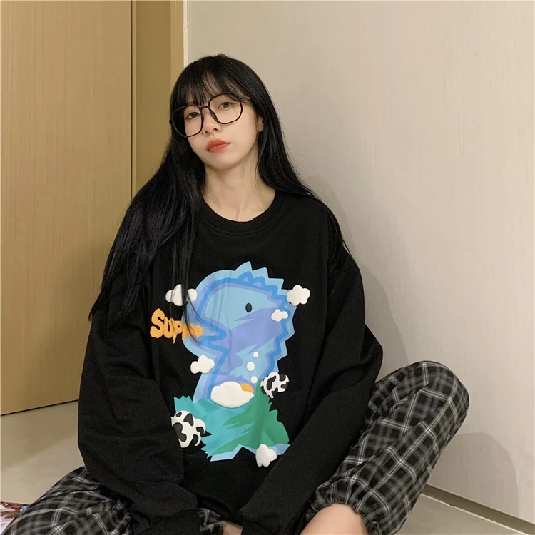

3304 Sweet new loose wild cute little dinosaur cartoon print round neck long sleeve pullover Sweatshirts